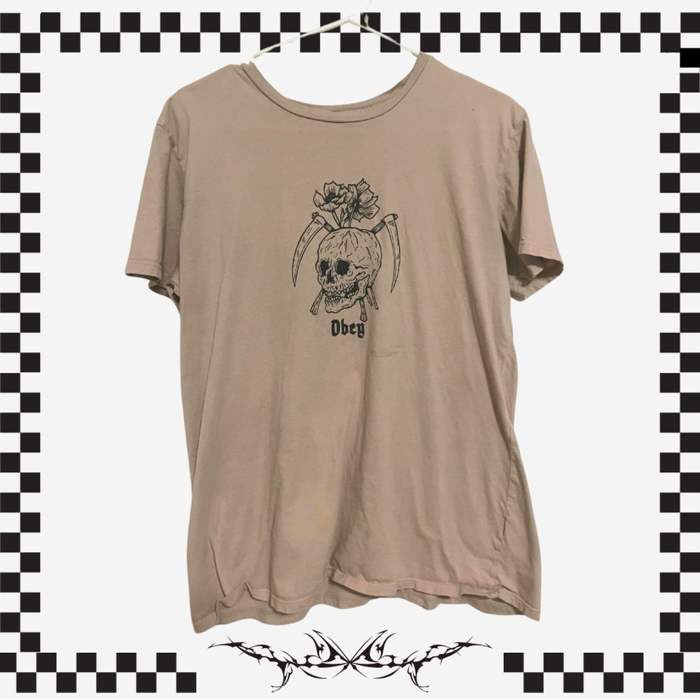 OBEY Rose Skull Graphic Tee Pinkish Tan Streetwear Grunge Skater Hypebeast